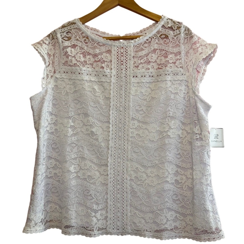 Rafaella Women's Blouse 1X White Lace Cap Sleeve NWT Lined Romantic Cottagecore